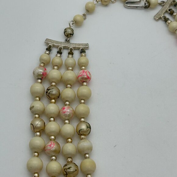 Vintage 4-Strand Japan Necklace Pink Swirled Beads Glass Acrylic Gold-Tone 1950s - Picture 13 of 16